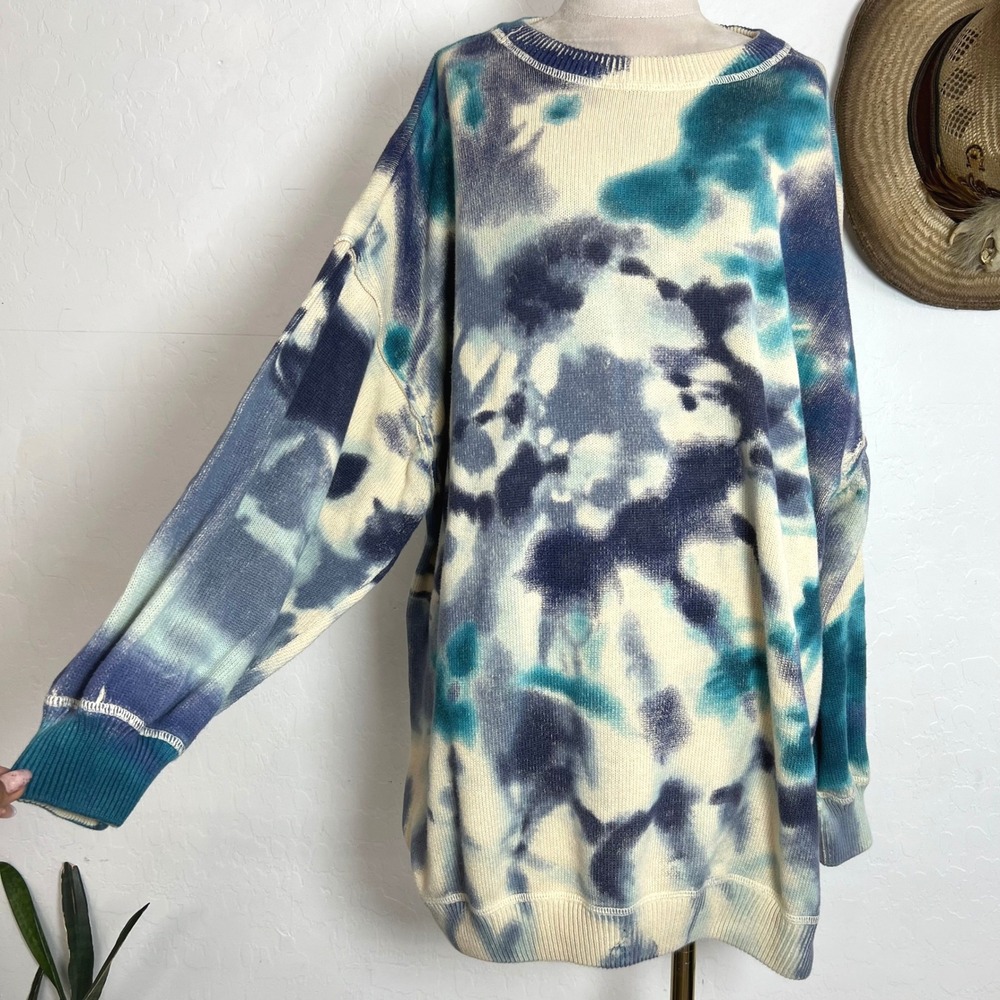 Natural Life Oversized Cotton Sweater L/XL Sunrise Tie Dye Blue Green Beige Boho